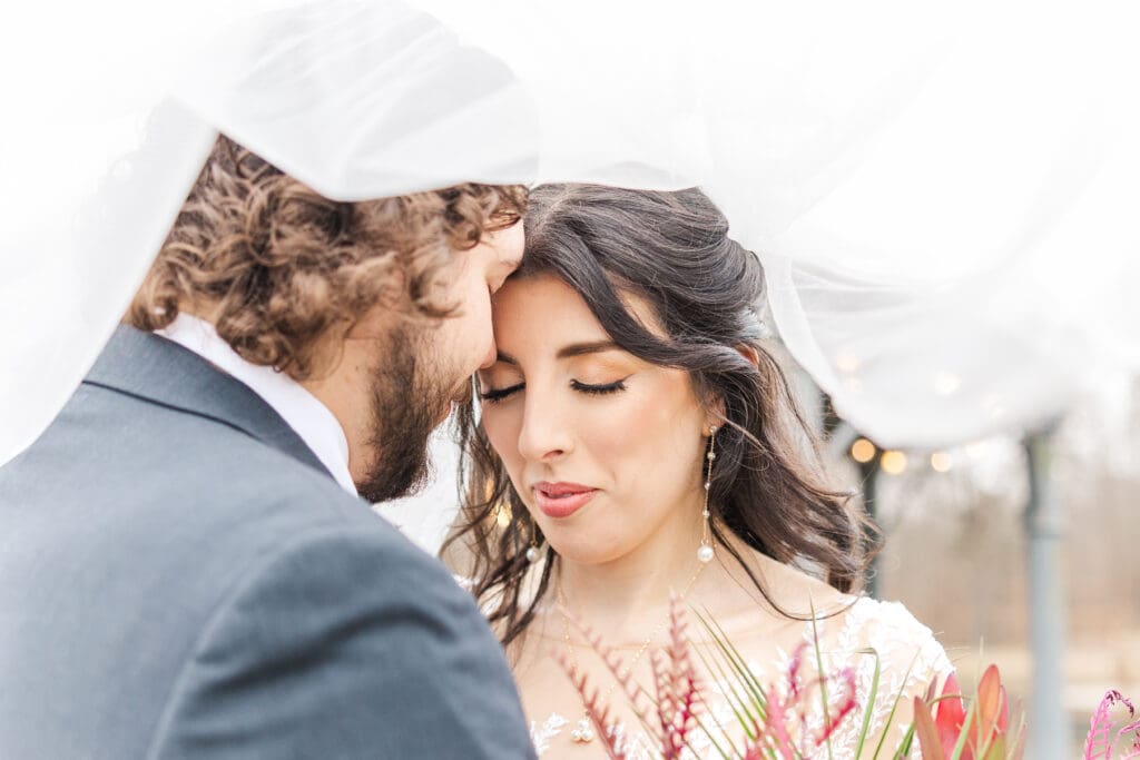 Bride and groom celebrating a winter wedding at Hidden Homestead in Smiths Grove KY, surrounded by muted green tones and natural rustic charm, posed with their veil