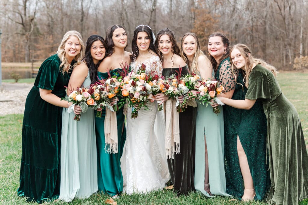 Bridesmaids featuring soft green hues, evergreen details, and a cozy countryside setting at the Hidden Homestead in Bowling Green, Kentucky. 