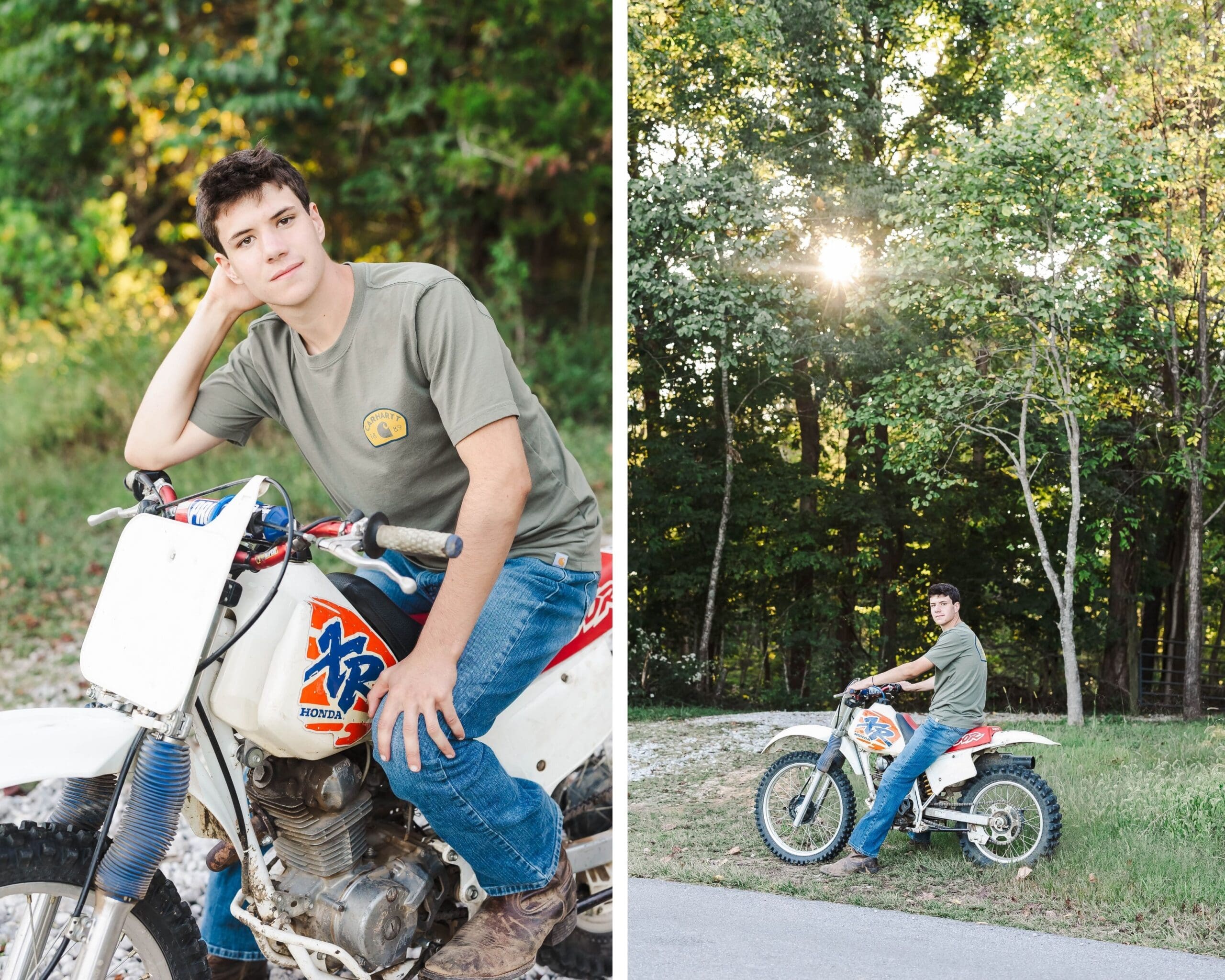 Bowling Green KY senior portraits of a high school senior standing beside his dirt bike in a rural field in the fall evening sun, shot by Jordan Z Photography