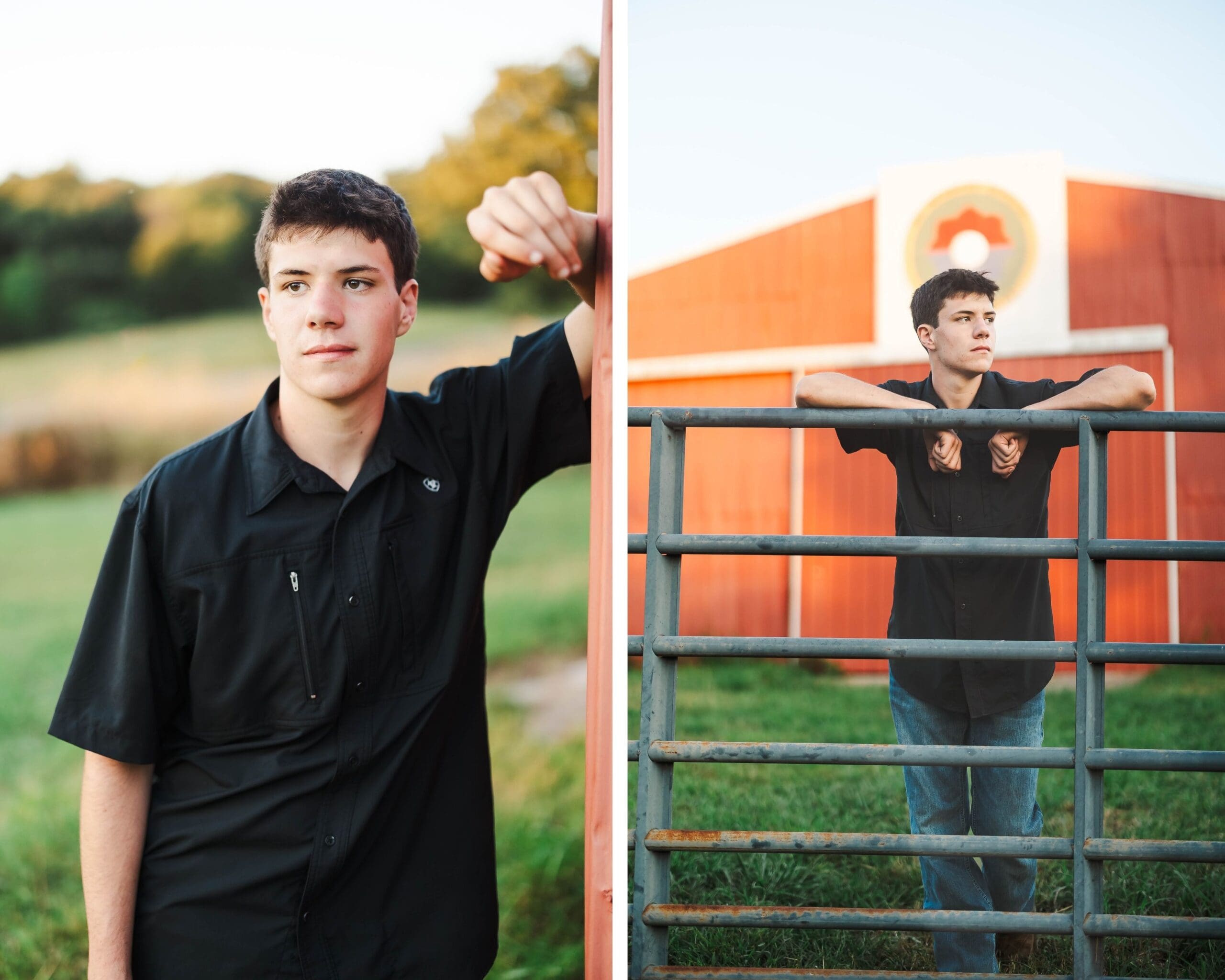 Golden hour senior portraits in Bowling Green KY with a truck, dirt bike, and a classic red barn, shot by Jordan Z Photography