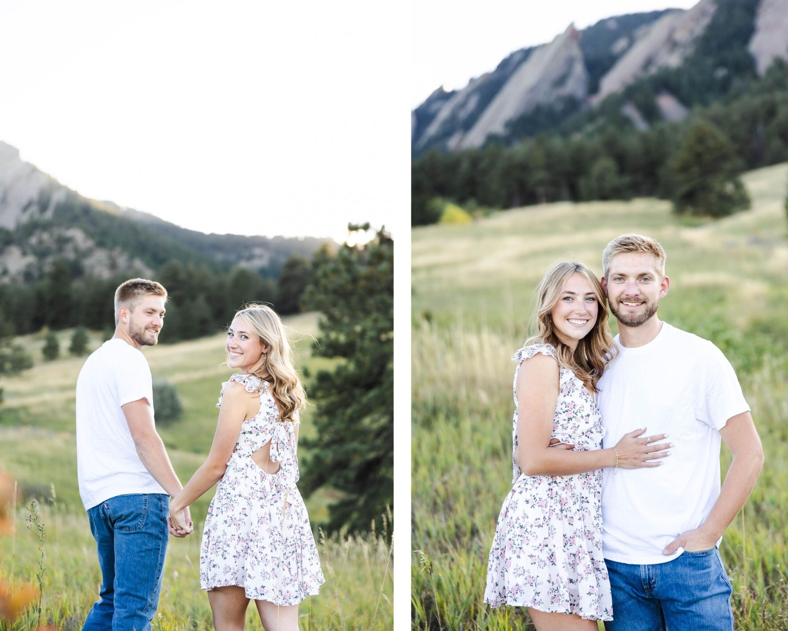 Romantic fall engagement portrait with the Flatirons mountains in the background at Chautauqua Park photographed by Jordan Z Photography.
