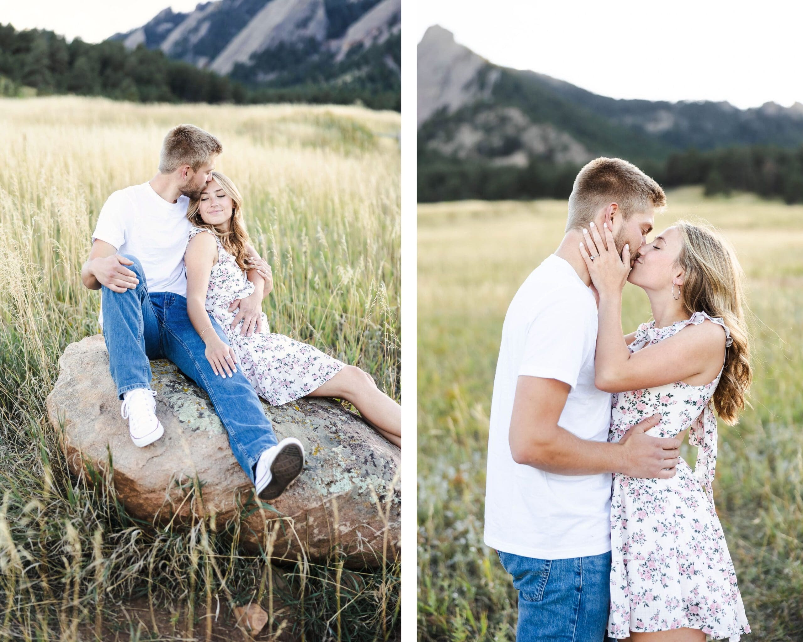 Colorado fall engagement portrait with the Flatirons mountains in the background at Chautauqua Park photographed by Jordan Z Photography.