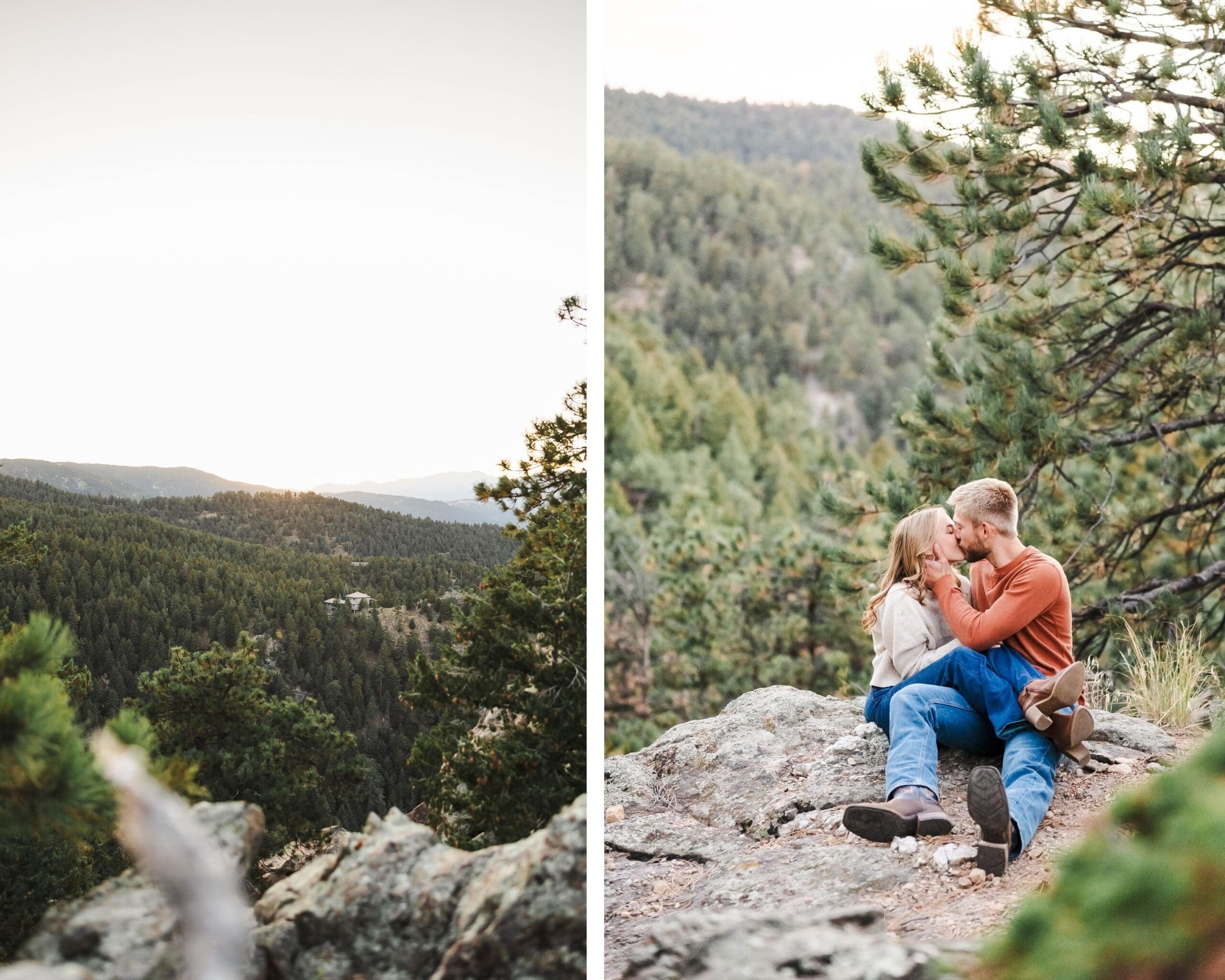 Engagement session at sunset with dramatic mountain landscape and glowing sky at Lost Gulch Overlook Trailhead captured by Jordan Z Photography.