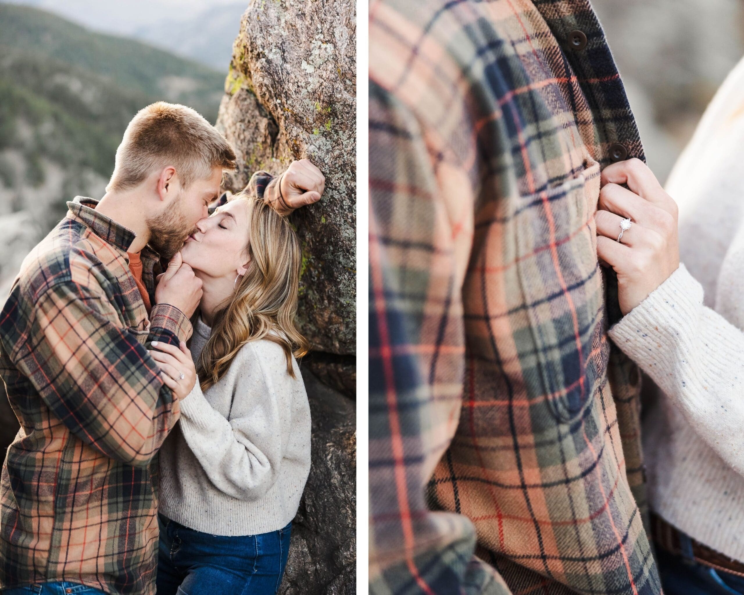 Couple cuddling together during a colorful fall engagement session with golden aspens and mountain scenery near Chautauqua Park photographed by Jordan Z Photography.