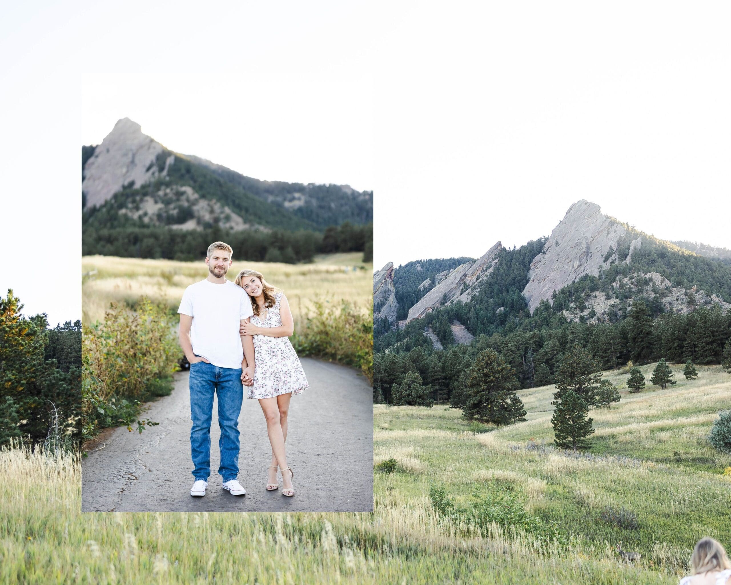Couple embracing during a fall engagement session with golden leaves and mountain views at Chautauqua Park photographed by Jordan Z Photography.