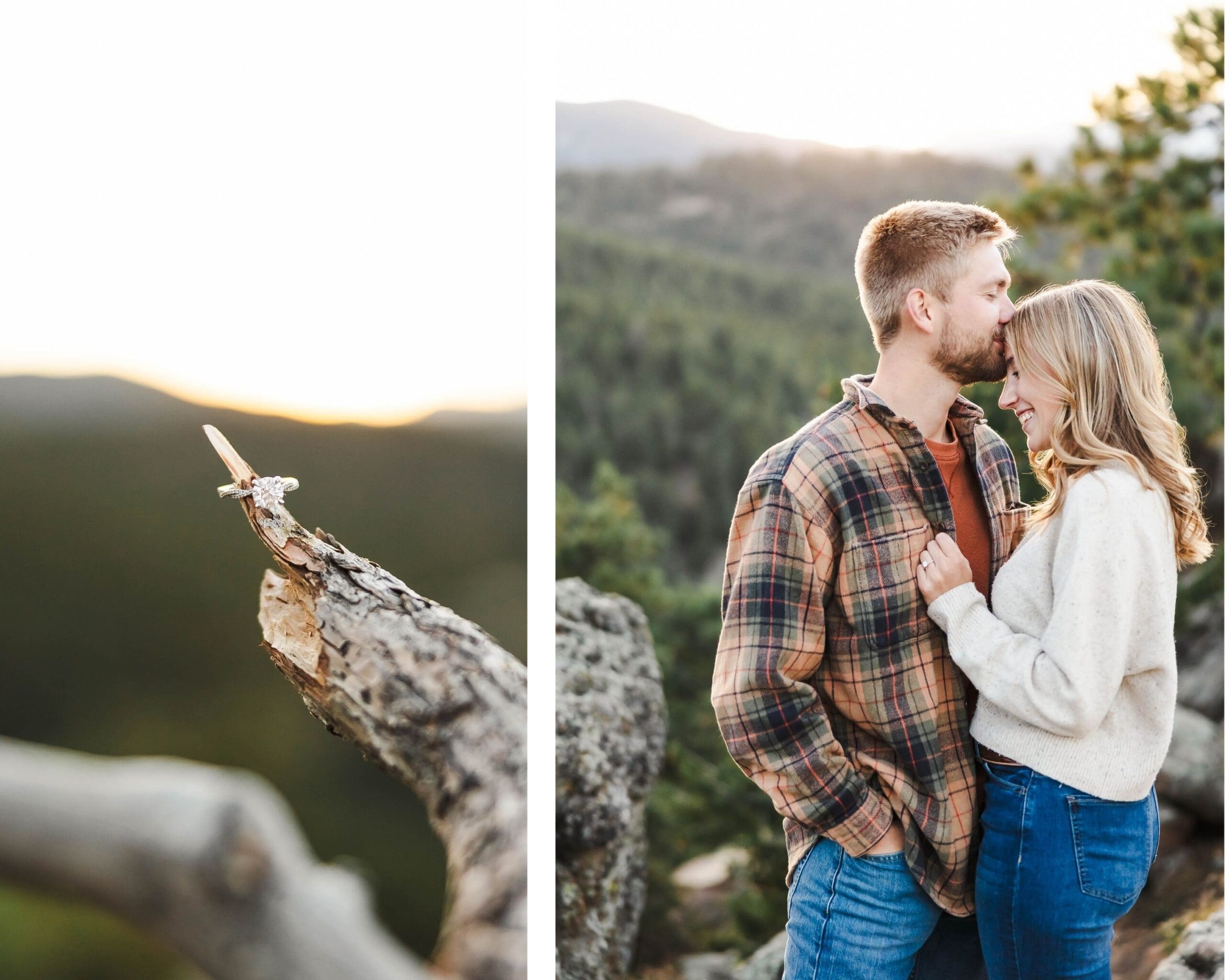 Romantic sunset engagement photo with sweeping mountain views at Lost Gulch Overlook Trailhead captured by Jordan Z Photography