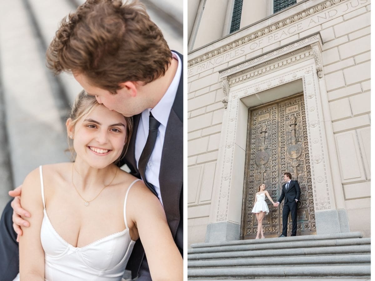 Engaged couple embracing on the steps of the Indiana War Memorial in downtown Indianapolis, shot by Jordan Z Photography