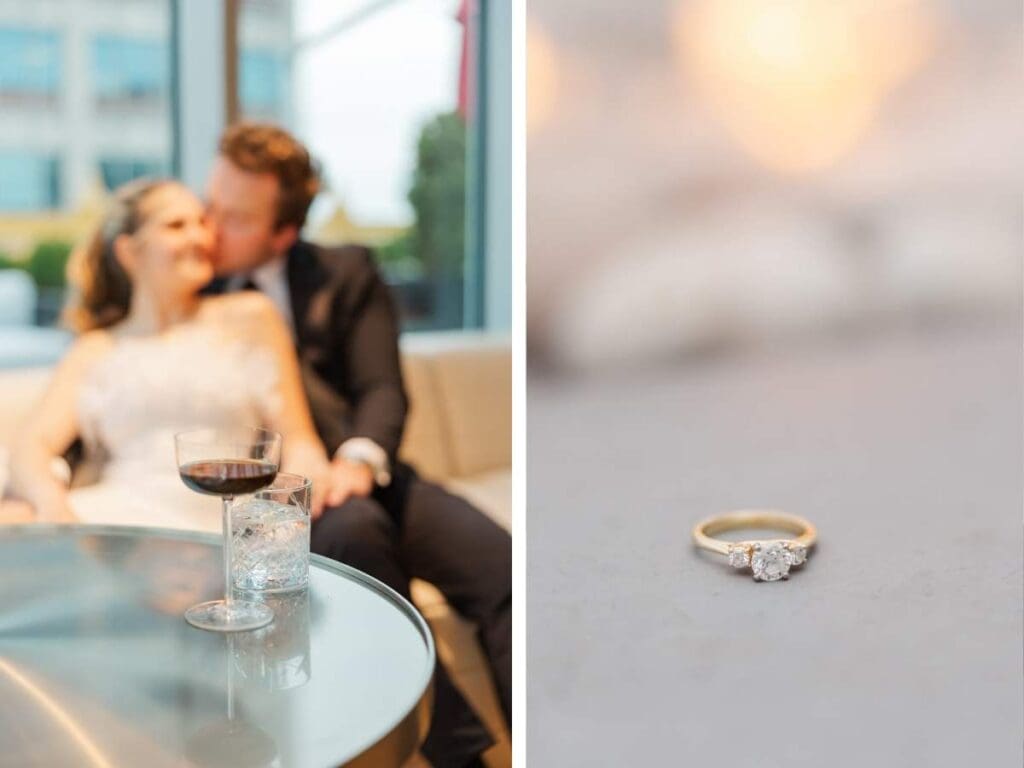 Golden hour engagement photo with warm sunlight over downtown Indianapolis buildings, shot by Jordan Z Photography