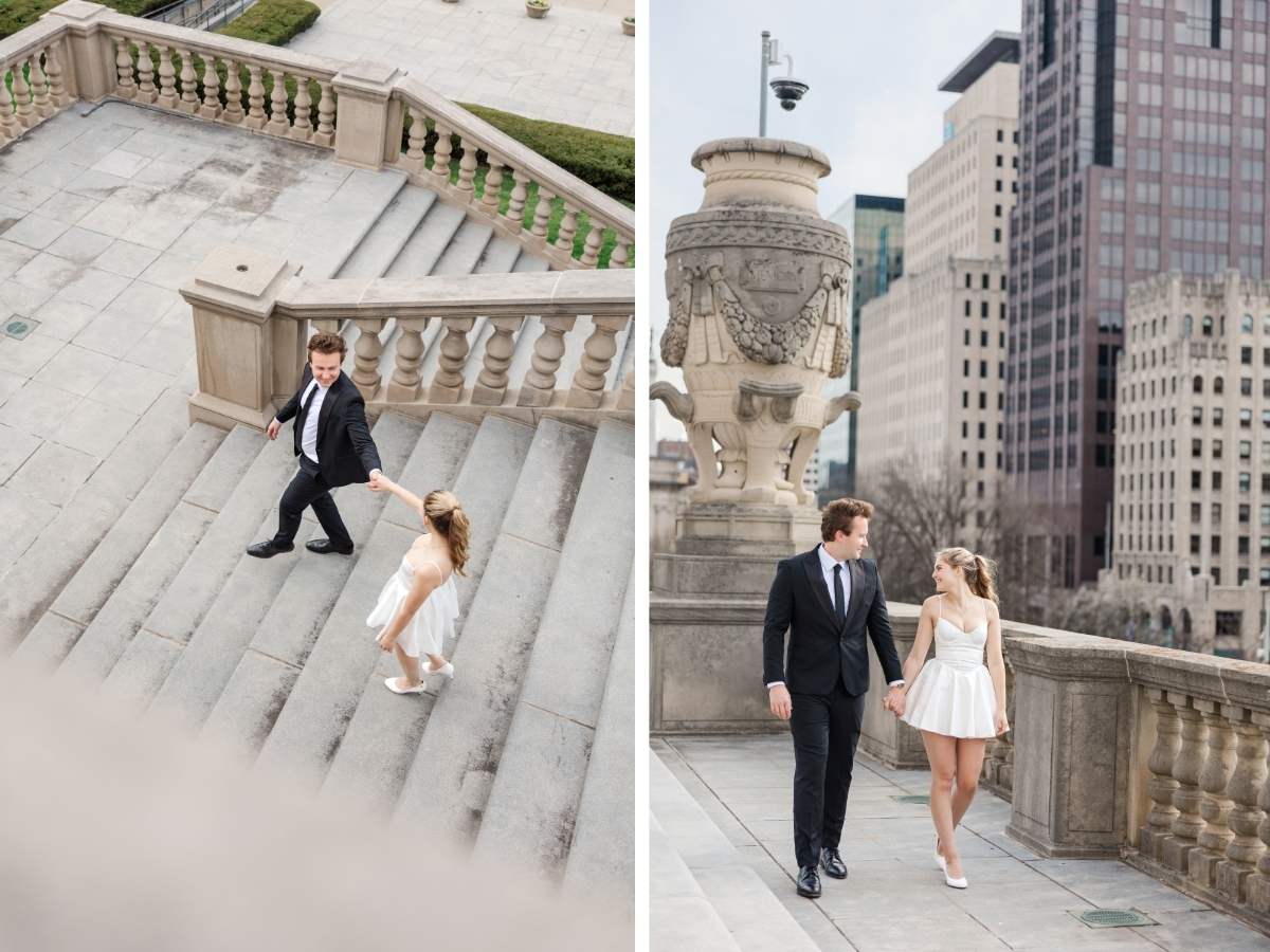 Engaged couple dancing on the steps of the Indiana War Memorial, shot by Jordan Z Photography