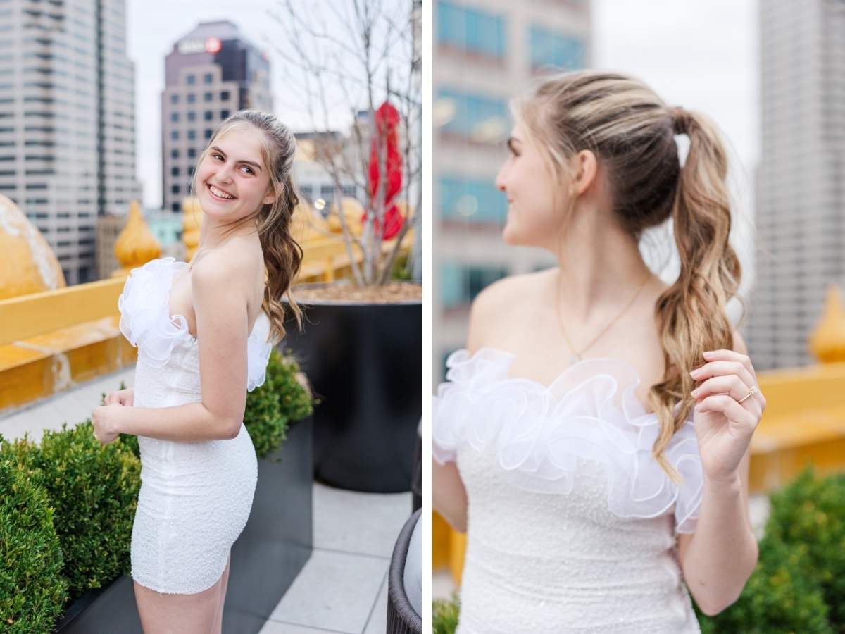 beautiful bride to be at her enagement session on roof top bar at InterContinental Indianapolis, shot by Jordan Z Photography