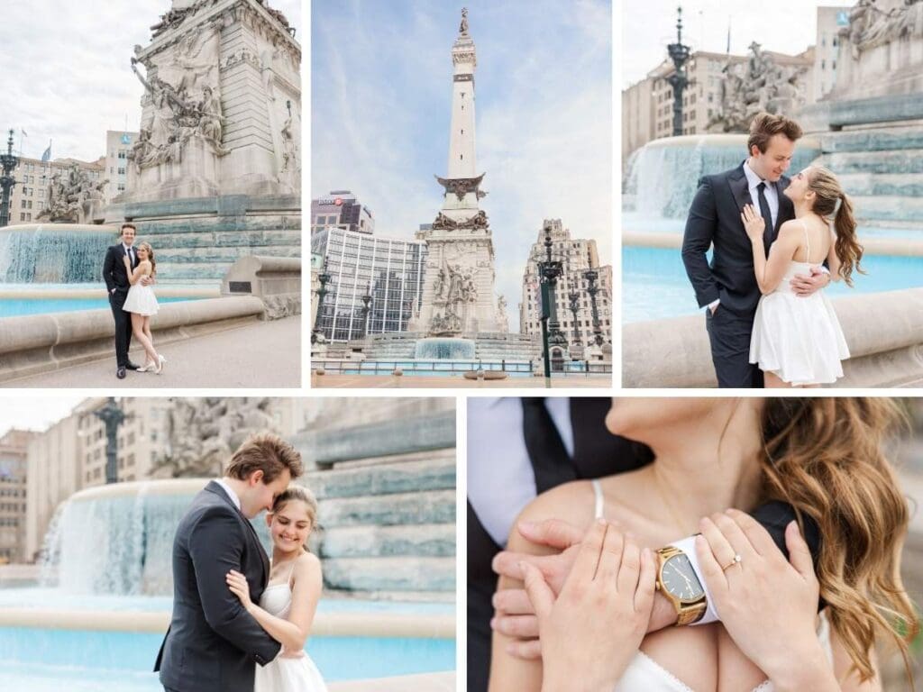 Natalie and Nathan standing in front of the Soldiers and Sailors Monument in Indianapolis at their engagement session, shot by Jordan Z Photography