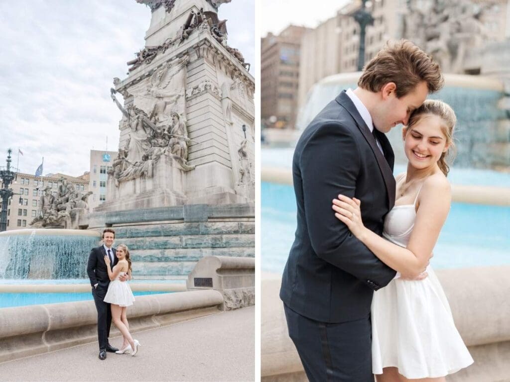 Natalie and Nathan embracing each other in front of the Soldiers and Sailors Monument in Indianapolis, shot by Jordan Z Photography