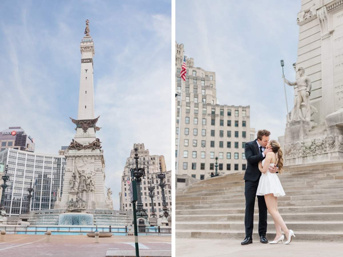 Engaged couple sharing a quiet moment under the archways of the Indiana War Memorial, shot by Jordan Z Photography