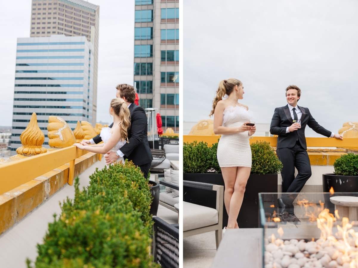 Golden hour engagement photo with warm sunlight over downtown Indianapolis building, shot by Jordan Z Photography