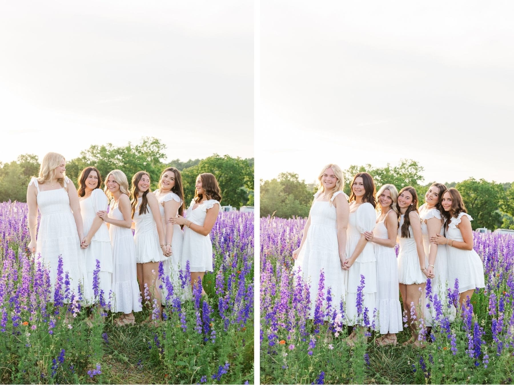Beautiful high school seniors walking through colorful larkspur fields at River Bend Blooms during sunset in Scottsville Kentucky.