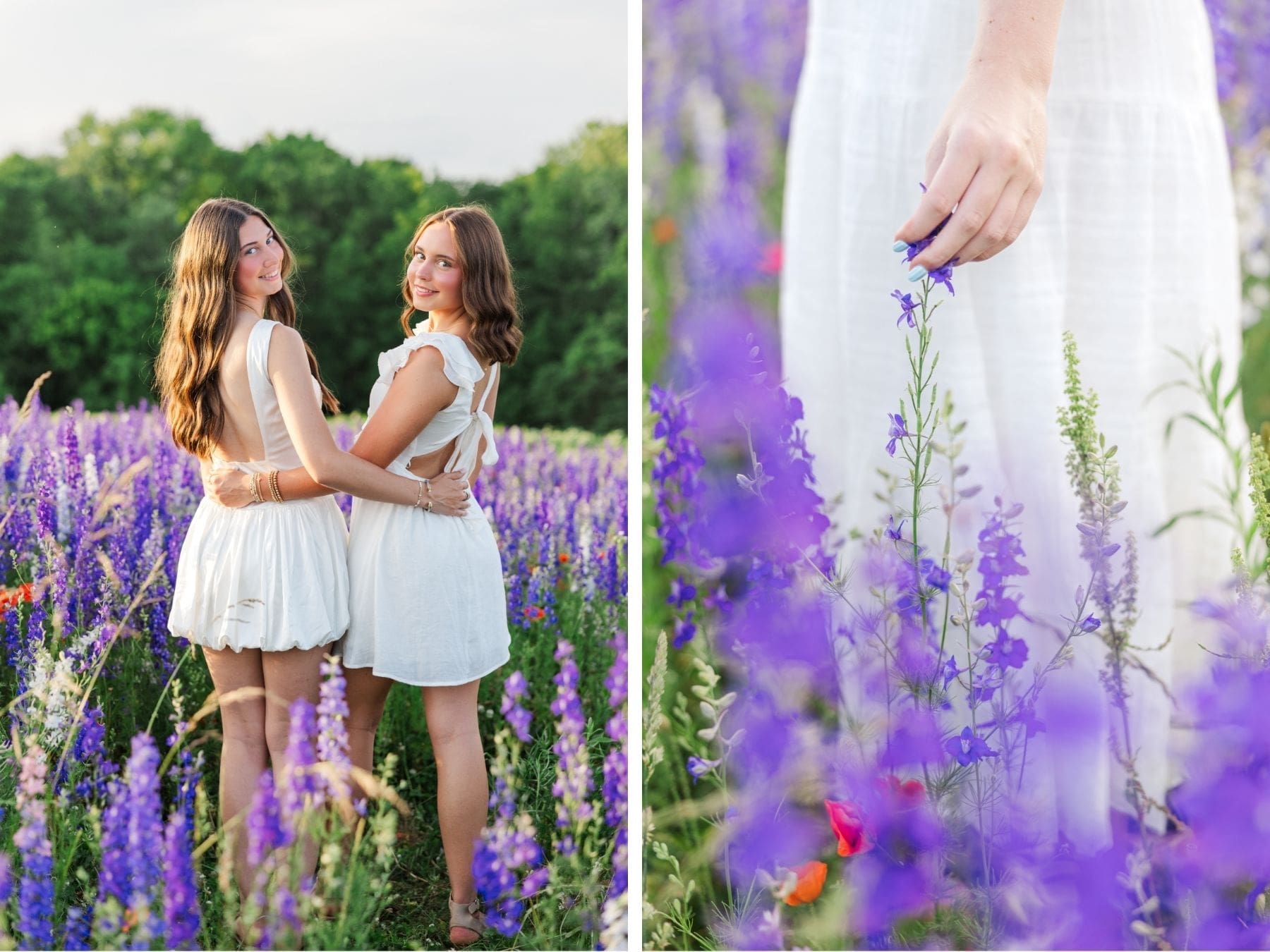 Golden hour portrait of senior girls celebrating friendship in the blooming larkspur fields at River Bend Blooms.