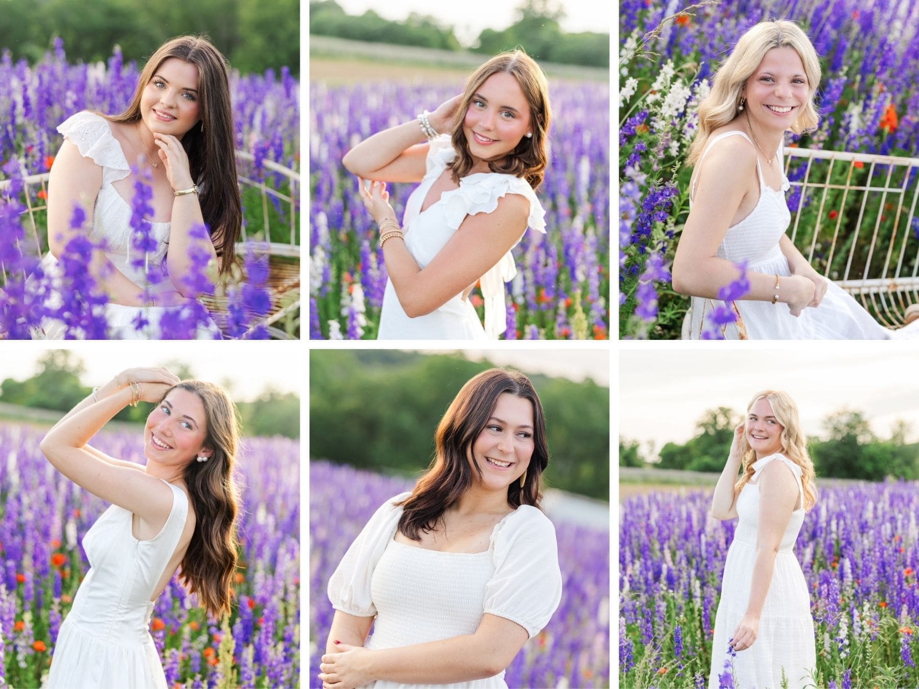Senior representatives enjoying a summer photo session surrounded by purple wildflowers and evening sunlight.